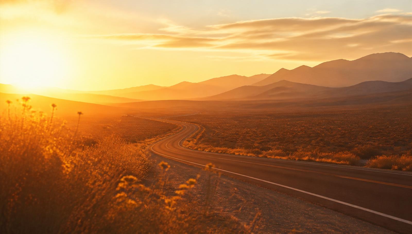 A open road curving toward distant mountains in golden-hour light, wildflowers at the roadside